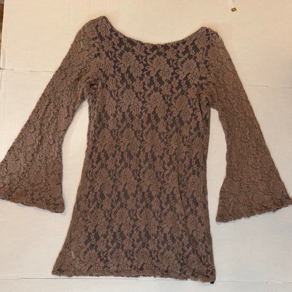 Elan Taupe Floral Lace Bell Sleeve Mini Dress Deep Scoop Back Small